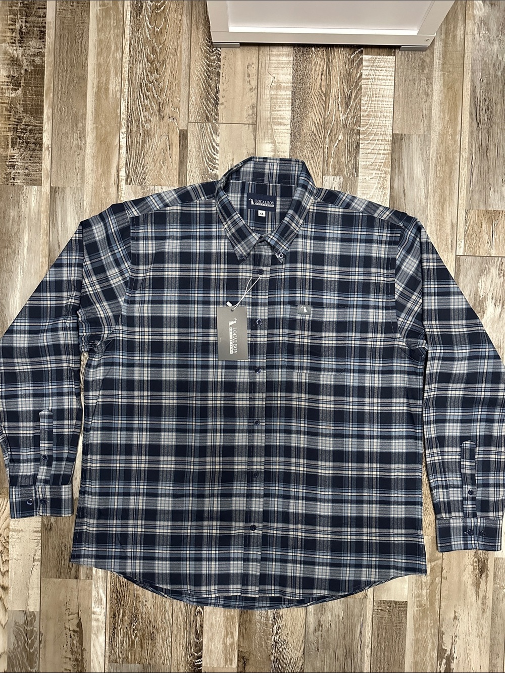 Local Boy Ziegler Stretch Flannel Navy/White Plaid Button-Down Shirt NWT